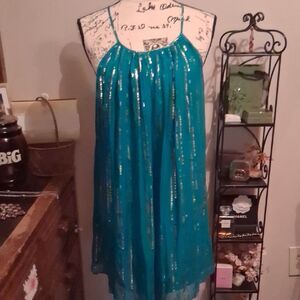 MILLY'S OF NEW YORK Teal Sleeveless Dress with GOLD Metallic Dots Size 4